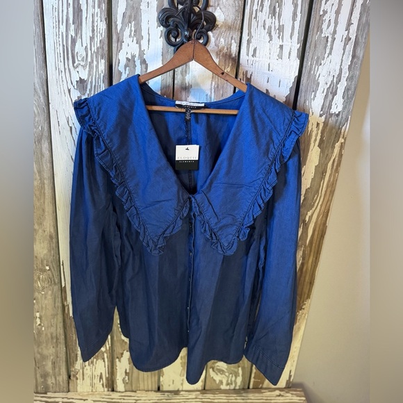 Eloquii Elements NWT Chambray Long Sleeve Button Up Ruffle Collar Size 26 - Picture 5 of 10
